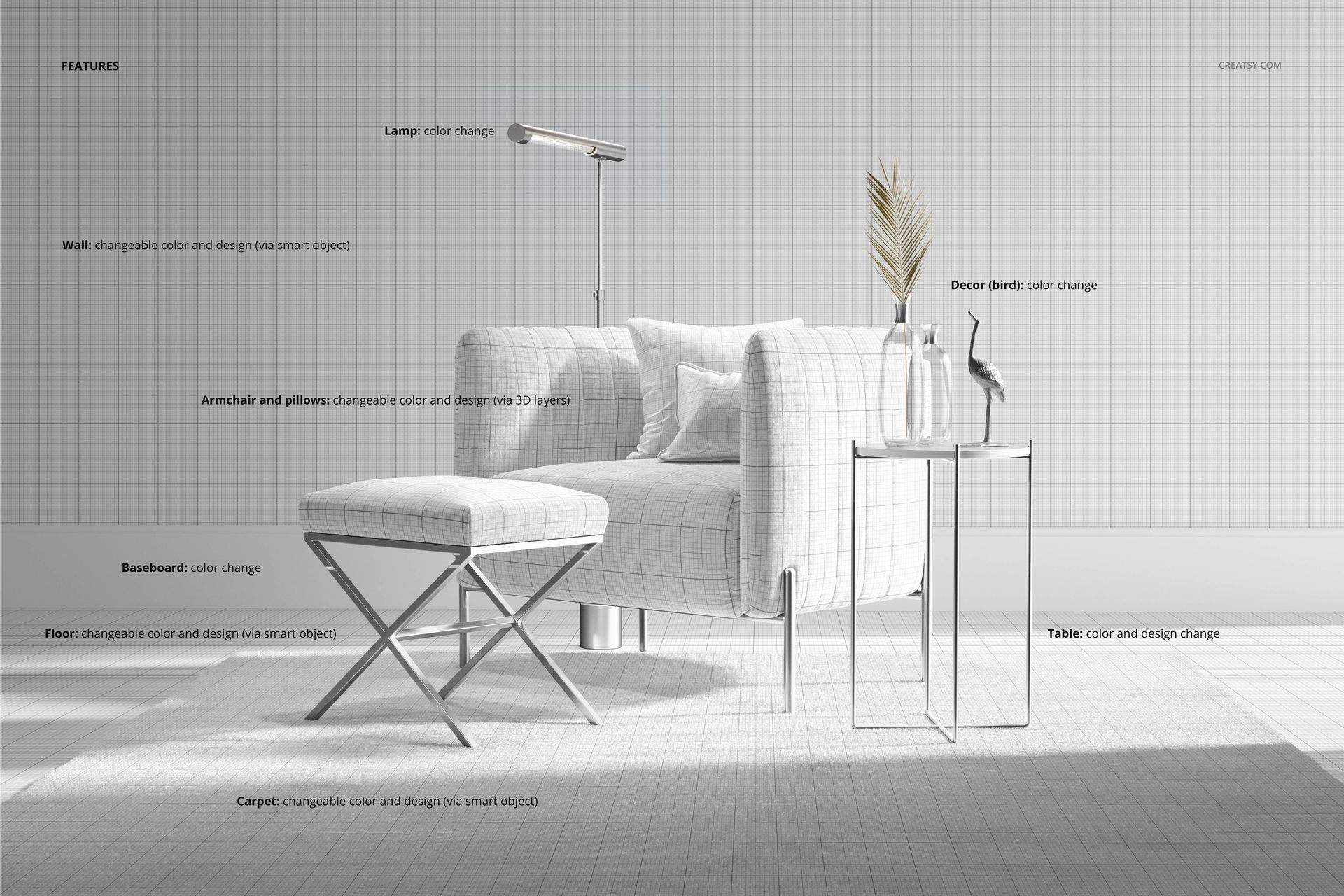 Front view of a velvet armchair and matching stool mockup in a minimalist room with grid wall and decor accents.