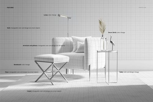 Front view of a velvet armchair and matching stool mockup in a minimalist room with grid wall and decor accents.