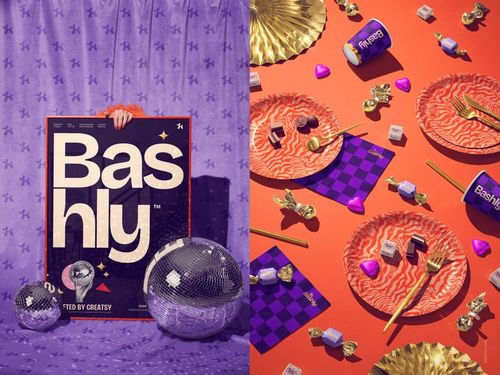 Party-themed mockup scene featuring a poster held against a purple patterned backdrop, disco balls, and festive tableware on an orange surface.