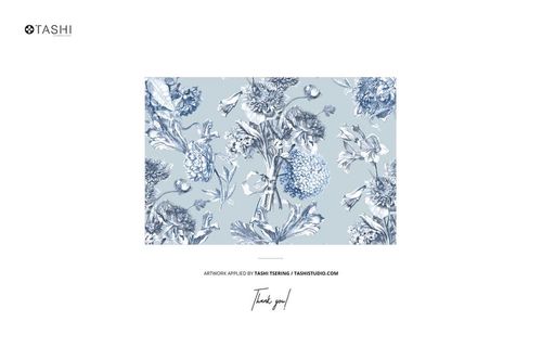 Rectangular creased fabric mockup featuring a blue and white floral pattern, shown from a front view on a plain background.