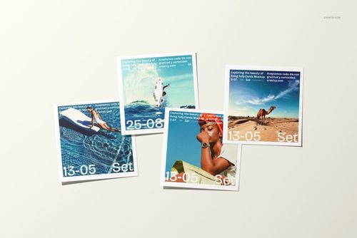 Set of four 4x4 inch square photo prints mockup displayed on a neutral background, each print showing vivid outdoor images.