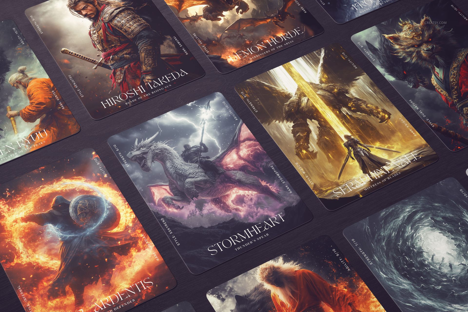 Fantasy trading cards mockup showing various character designs and vibrant artwork, viewed from a top perspective.