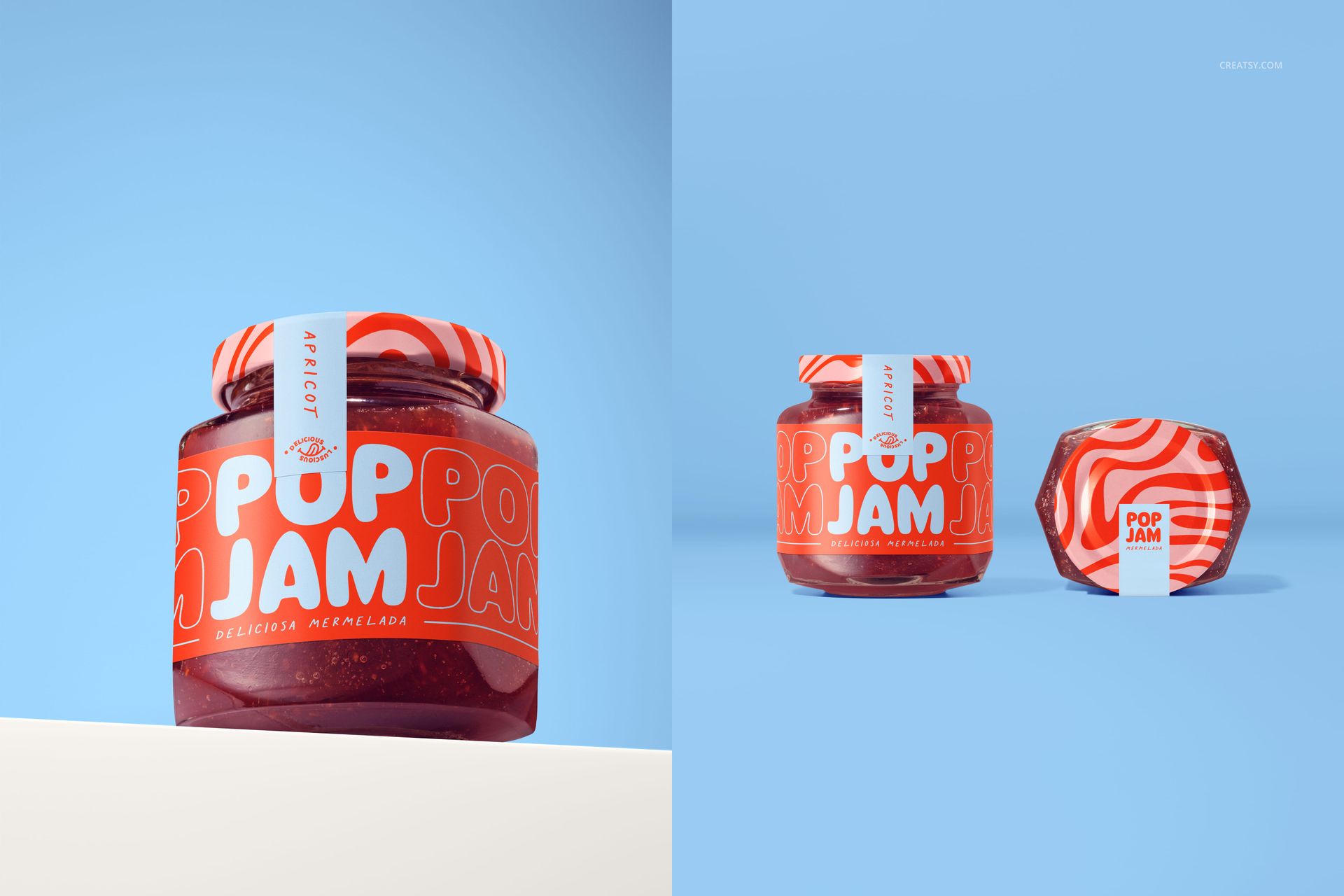 PSD mockup showing a jam jar with orange graphics and a separate lid, both positioned on a minimal blue background.