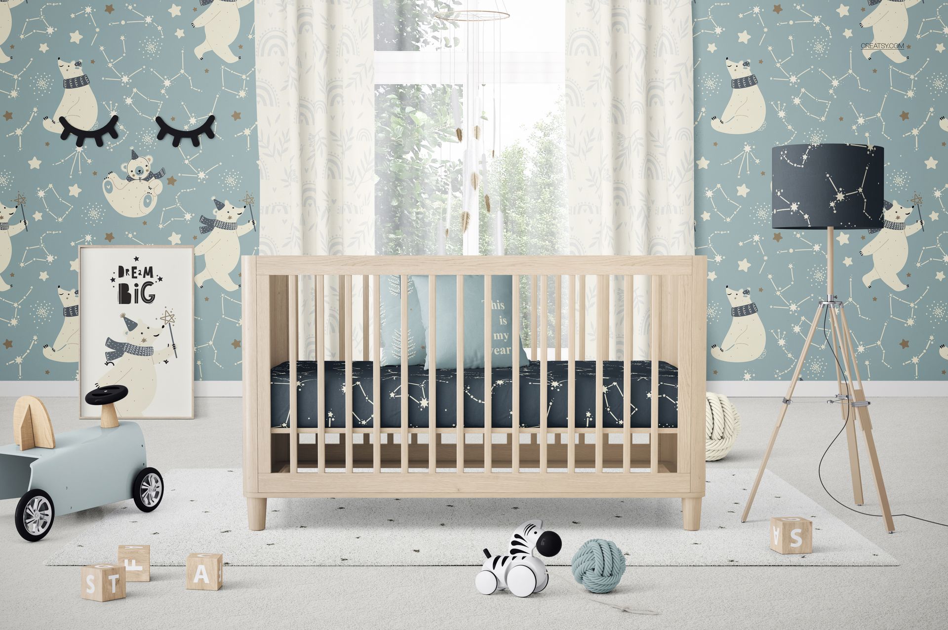 PSD mockup of a baby crib in a kids room with blue patterned wallpaper, plush toys, and a cozy atmosphere.