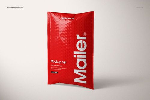 Red bubble mailer mockup displayed upright with bold white lettering, set against a neutral light backdrop.