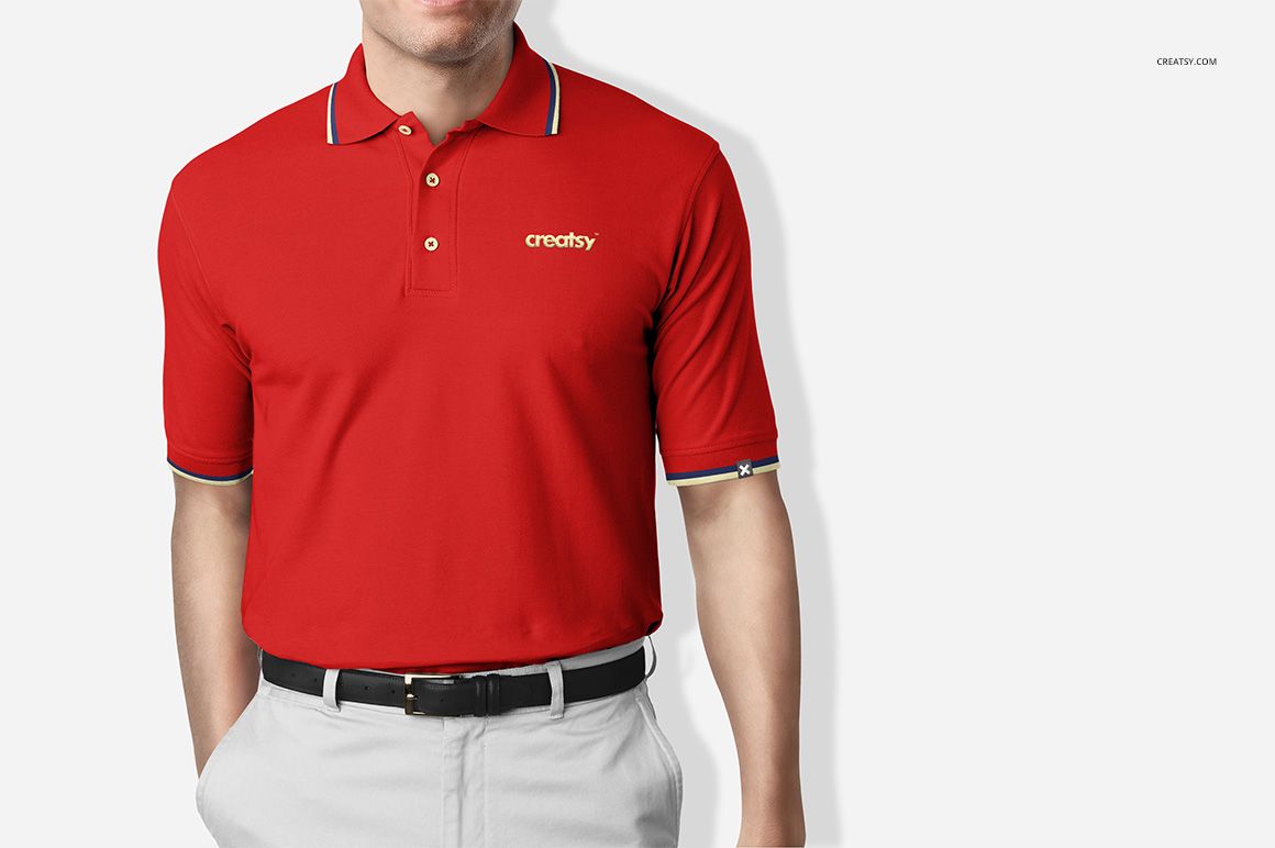 Red polo shirt mockup shown on a male figure, displaying button details and subtle trim accents, front-facing perspective.