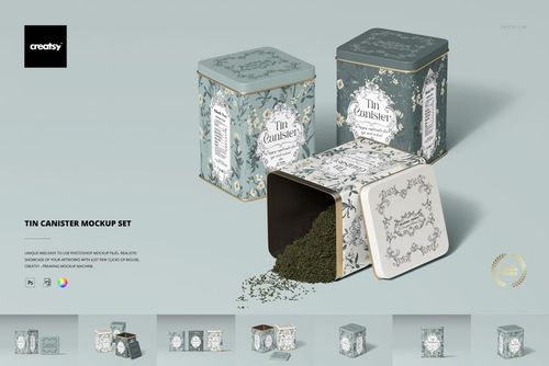 Tin canister PSD mockup set featuring three square containers with decorative designs, one tipped over with contents visible.