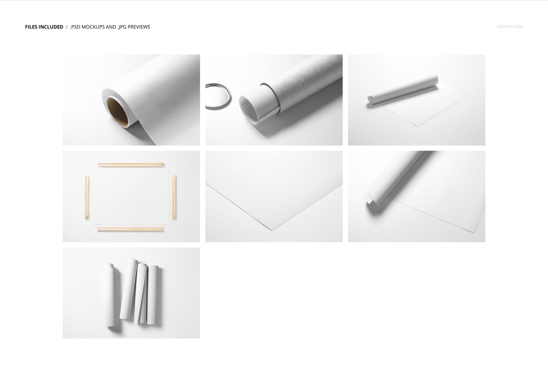 Rolled canvas print mockup set featuring white canvas sheets and cardboard tubes displayed on a clean surface.