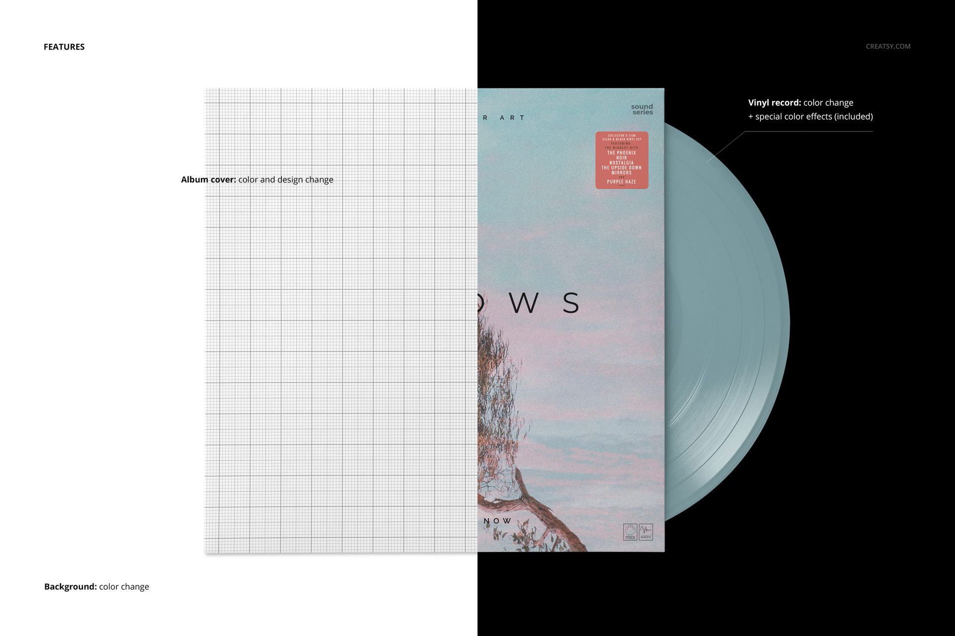 Top perspective of a pastel blue vinyl record in a mockup album cover, set against contrasting black and white sides.