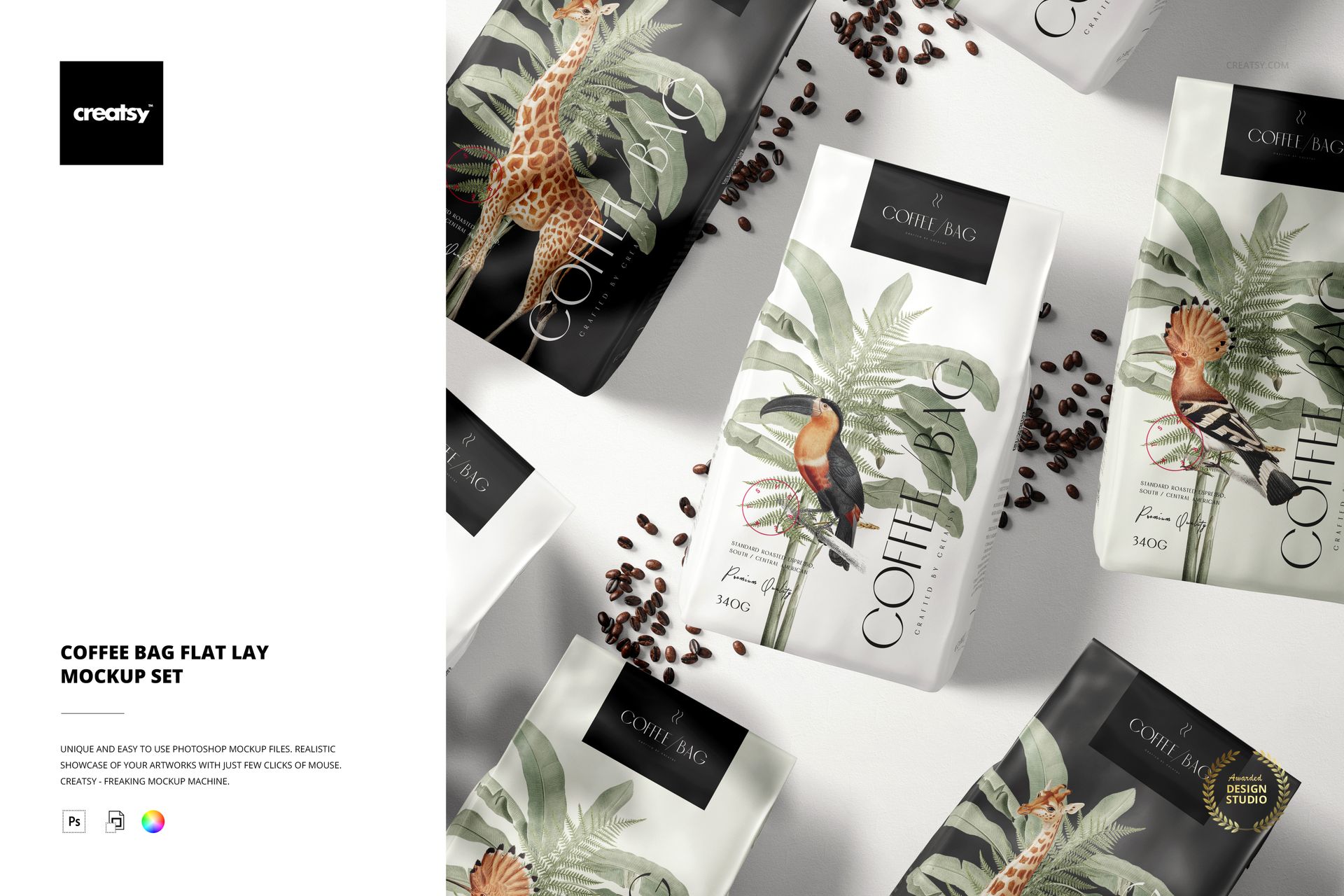 Multiple coffee bag mockups arranged in a flat lay, featuring leafy patterns and wildlife illustrations with coffee beans.