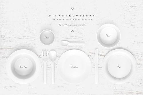 Flat lay of melamine dinnerware mockup set with soup plate, flat plate, bowl, mug, and assorted cutlery on white background.