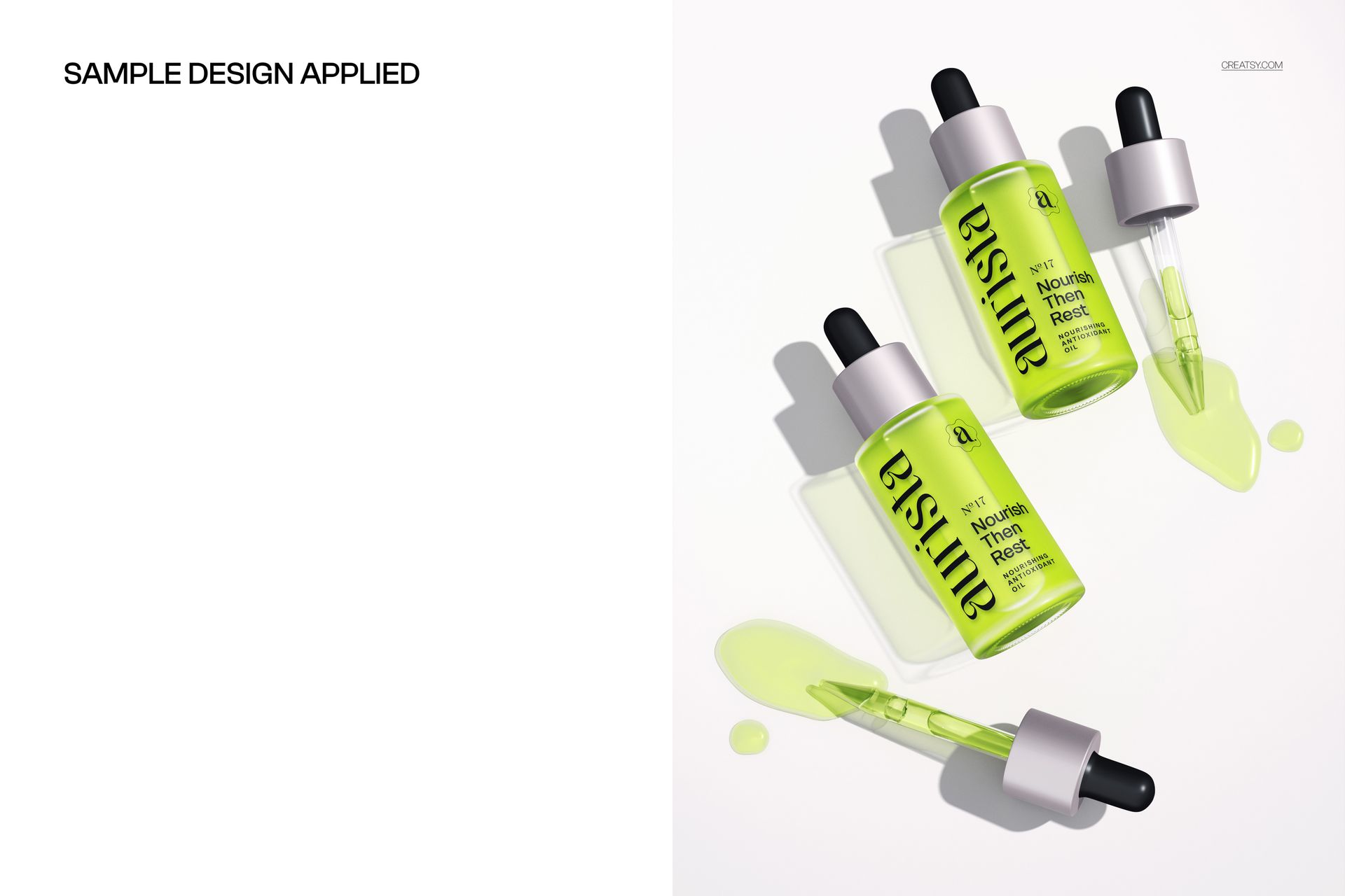 Three green dropper bottles with black caps and spilled serum displayed on a white surface in a top view mockup.