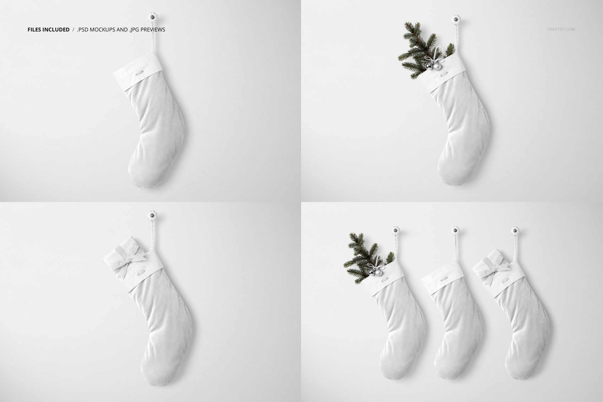 Set of velvet Christmas stocking mockups, featuring empty, gift-filled, and branch-adorned stockings on a white background.