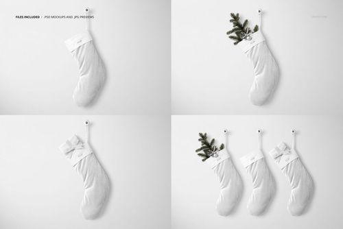 Set of velvet Christmas stocking mockups, featuring empty, gift-filled, and branch-adorned stockings on a white background.