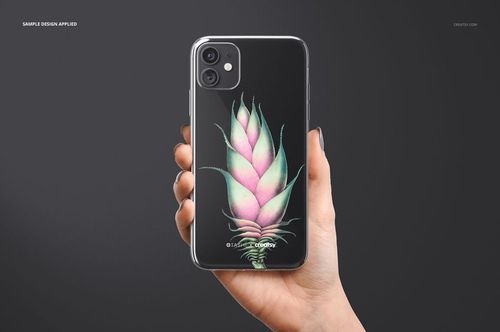 iPhone 11 clear case mockup showing a soft pink and green flower artwork, held in a hand against a plain backdrop.