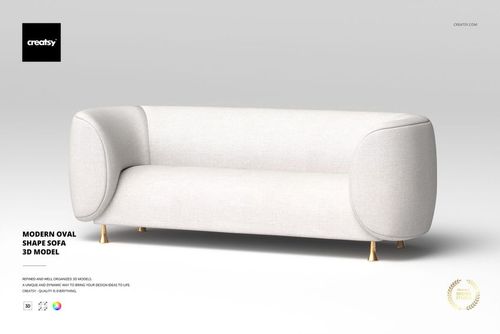Modern oval-shaped sofa in light beige fabric, front view with rounded arms and gold legs on a plain background.