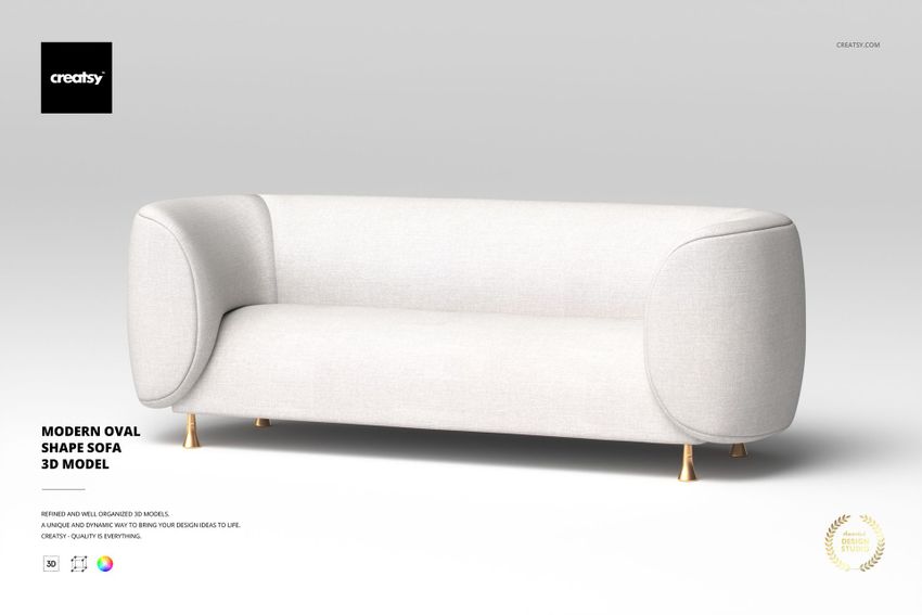 Modern oval-shaped sofa in light beige fabric, front view with rounded arms and gold legs on a plain background.
