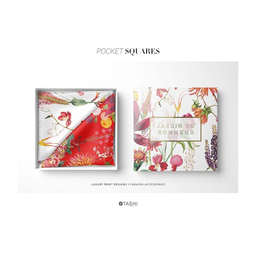 Pocket square mockup featuring a folded floral handkerchief in a box next to its matching decorative packaging on a white background.