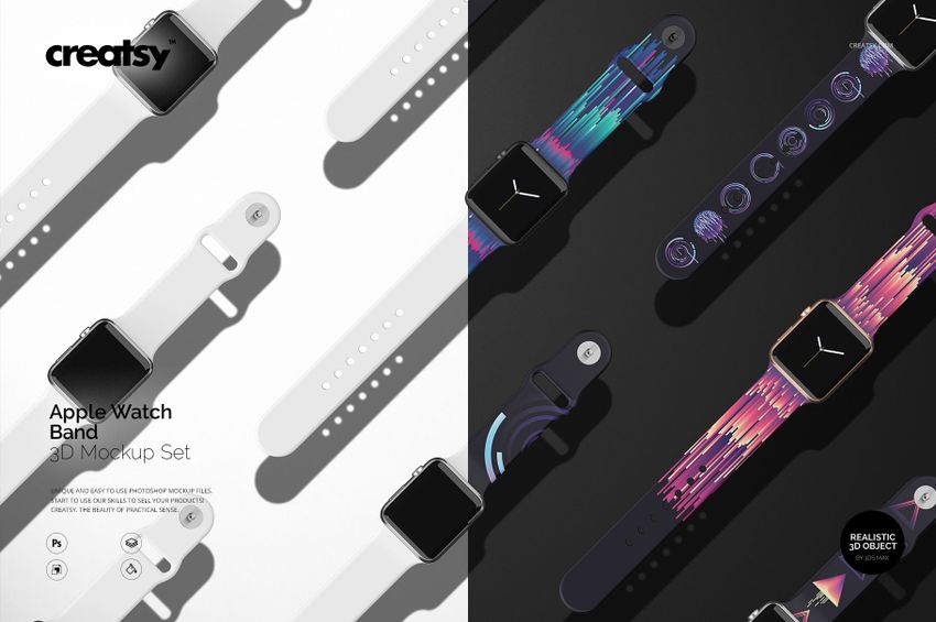 Apple Watch Band PSD mockup set featuring a variety of band designs, arranged on contrasting light and dark surfaces.