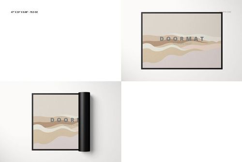 Door mat mockup featuring a rectangular mat with wavy beige and cream design, displayed from above and partially rolled.