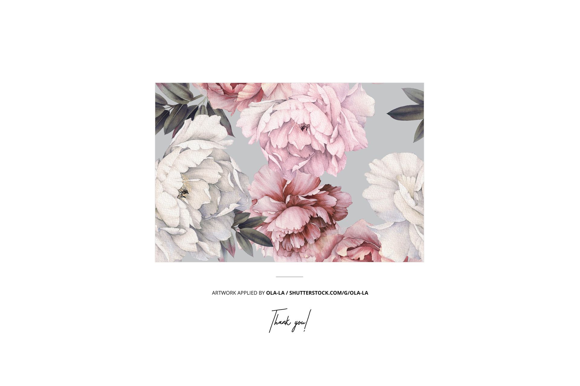 Floral bedding mockup featuring large pink and white peonies on a soft gray background, viewed from the front.