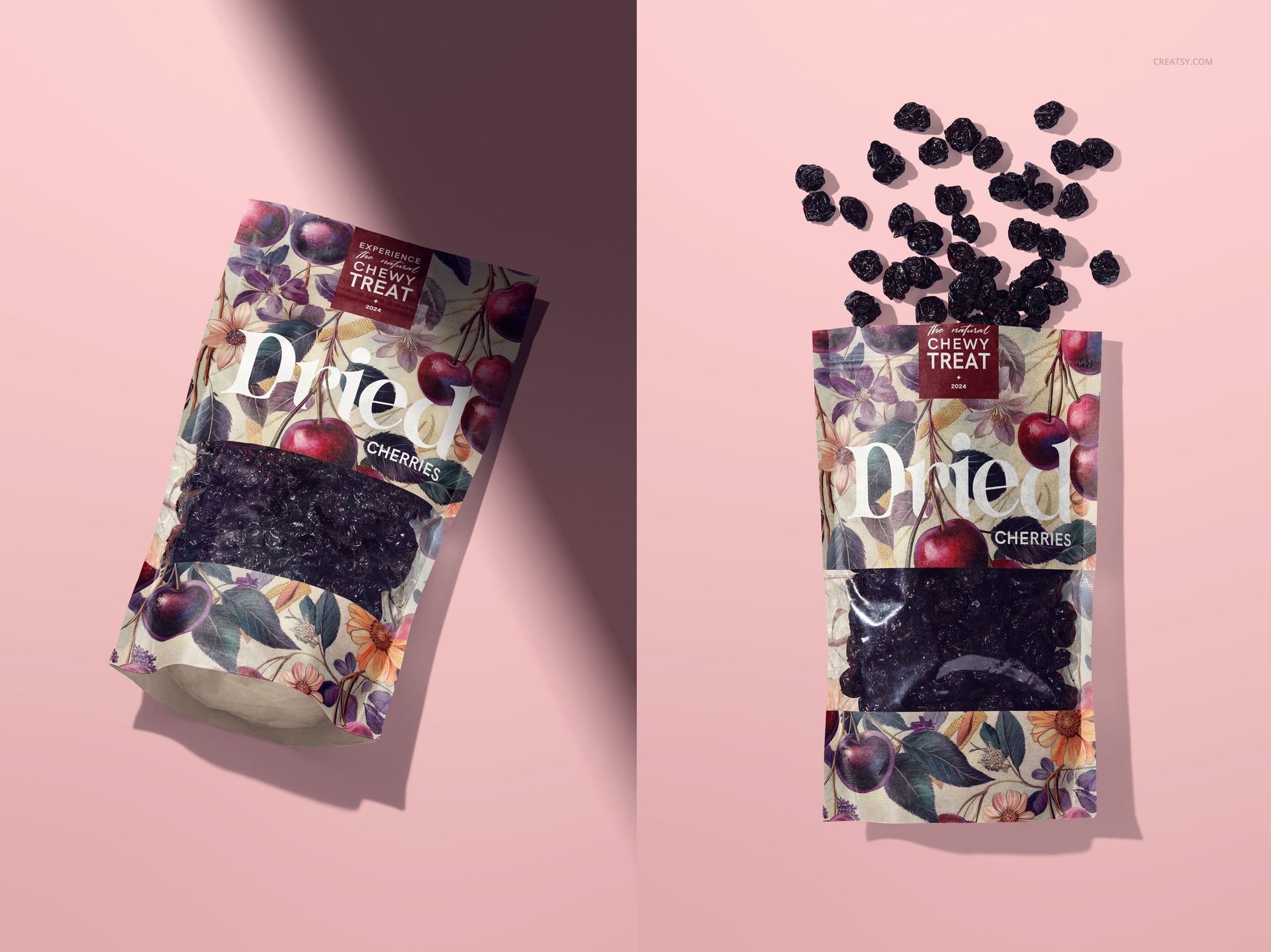 Dried cherries paper pouch mockup set featuring a colorful fruit pattern, displayed front and top view on a pink surface.