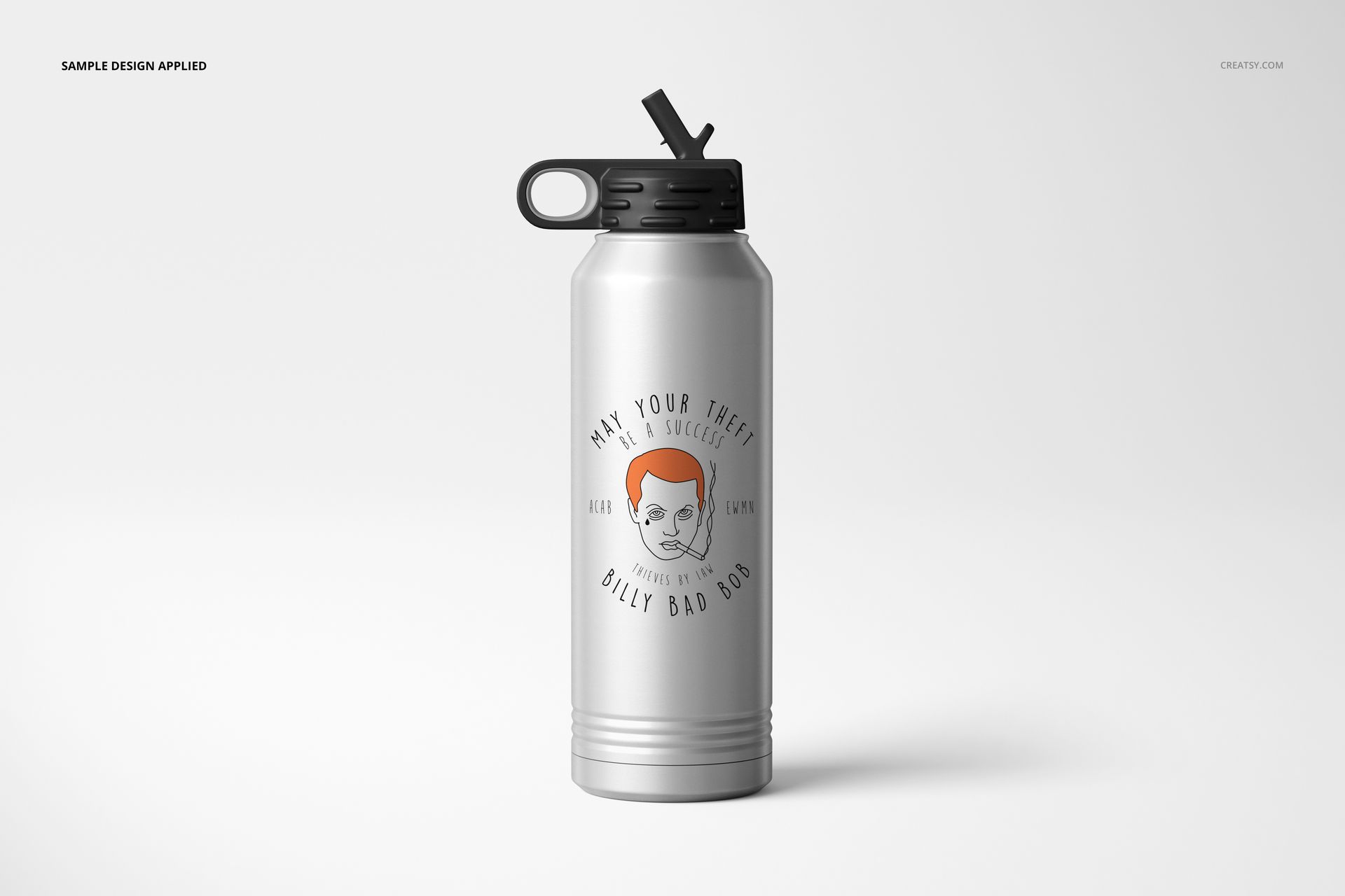40 oz. stainless steel water bottle mockup with a black screw cap and custom artwork, shown in a front view.