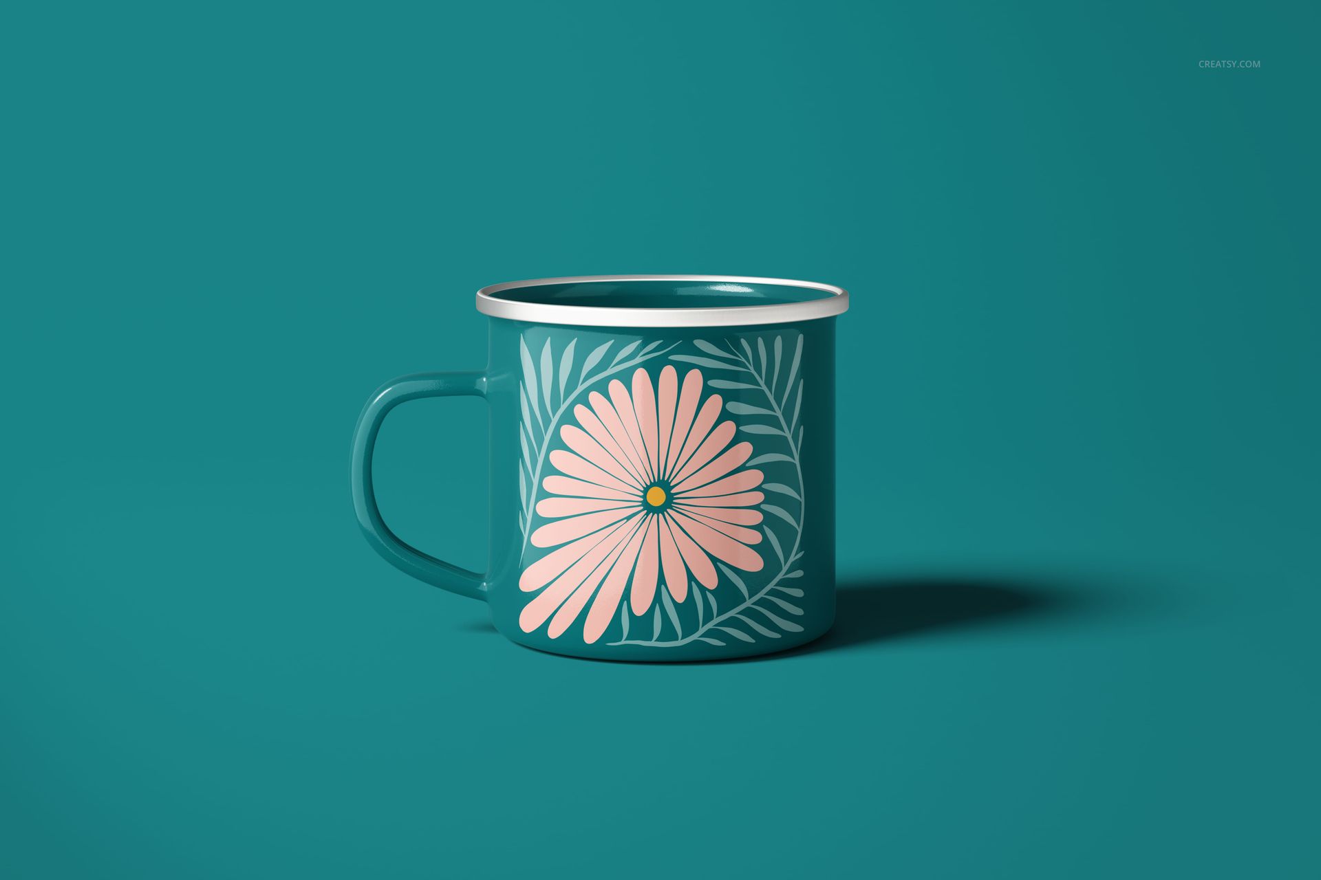 PSD mockup of a 360ml enamel mug with a silver rim, displaying a bold pink flower and green foliage design.