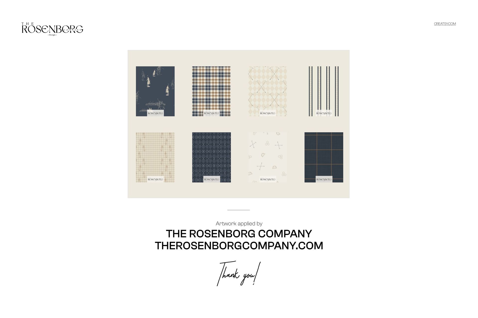 Hotel-style bedroom bedding mockup showing eight fabric swatches with various patterns and colors on a neutral background.