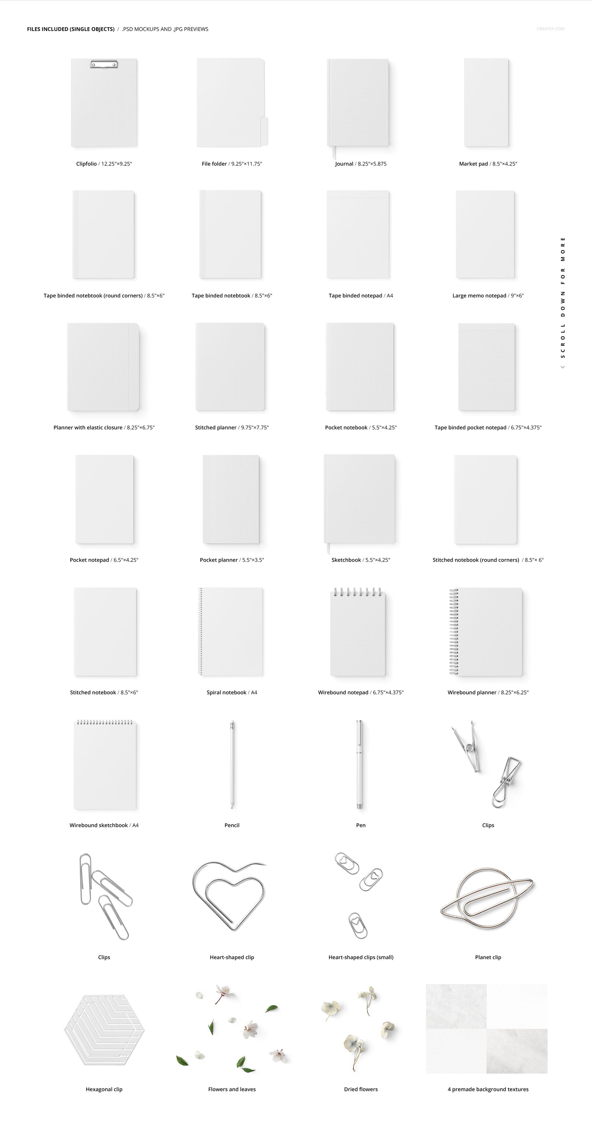 Stationery set mockup featuring various blank notebooks, envelopes, pens, paper clips, and floral props on a white background.