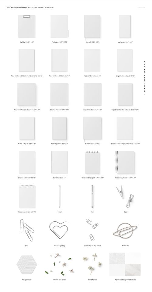 Stationery set mockup featuring various blank notebooks, envelopes, pens, paper clips, and floral props on a white background.