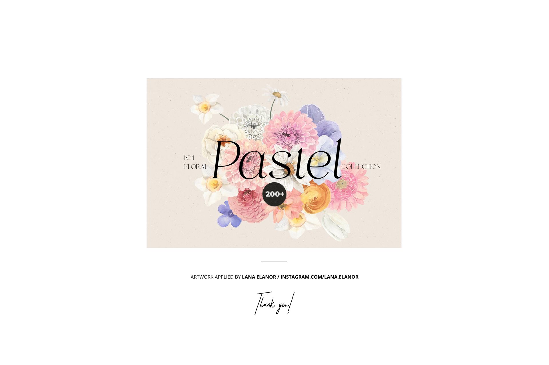 Front view of a stationery set mockup with pastel floral designs, featuring various flowers on a light background.