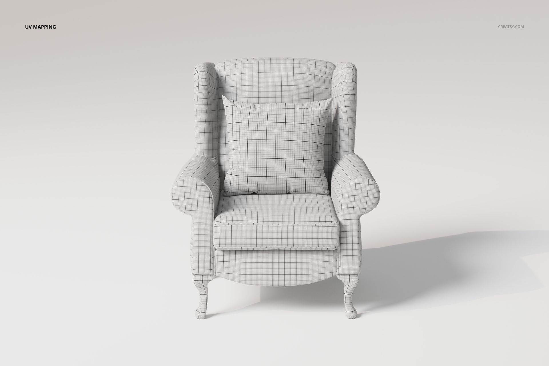 Front view of a rolled arm wing chair 3D model with a grid pattern texture, set against a plain light background.