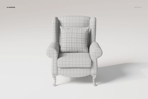 Front view of a rolled arm wing chair 3D model with a grid pattern texture, set against a plain light background.