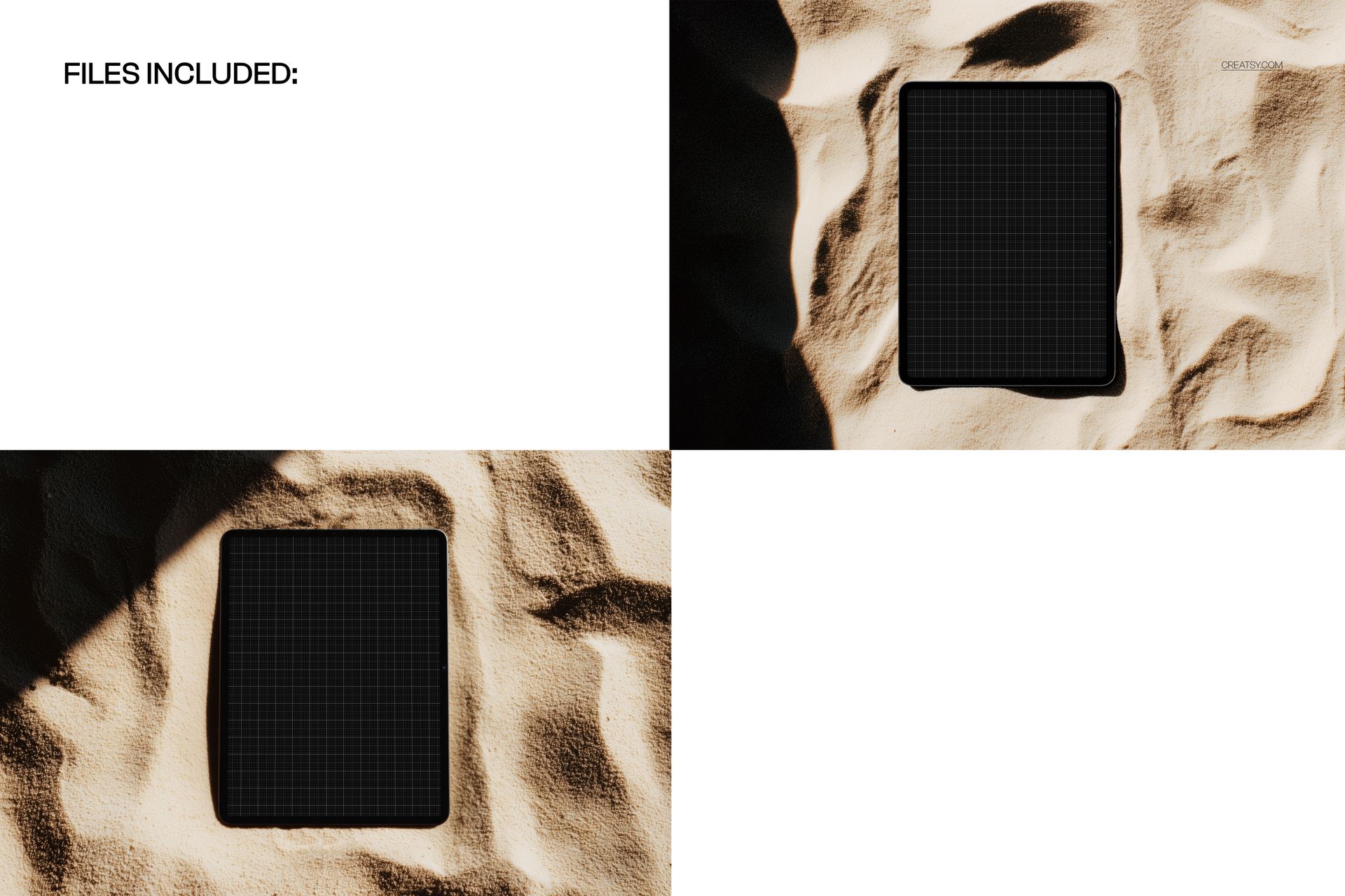 iPad Pro mockup set featuring two tablets with black screens placed on textured sand, top and angled views.
