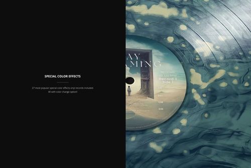 Colored vinyl record mockup displaying a marbled effect in blue and cream tones, presented in a close-up perspective.