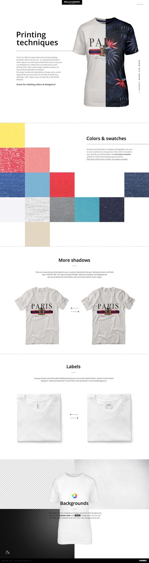 Unisex short sleeve tee mockup with half solid white and half printed design, shown in front view on a plain background.