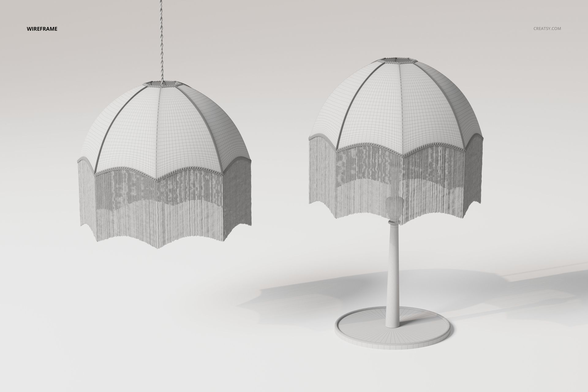 Front view of two art deco boudoir lamps with scalloped shades and fringe, shown in wireframe on a white background.