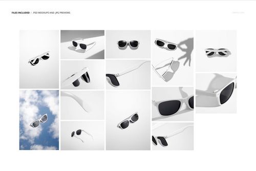 Set of white sunglasses mockups displayed from various angles, including front, side, and top views on neutral backgrounds.