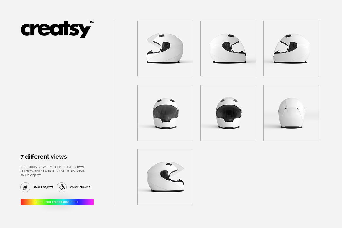 Set of seven motorcycle helmet mockup images showing a white helmet from various angles on a plain background.