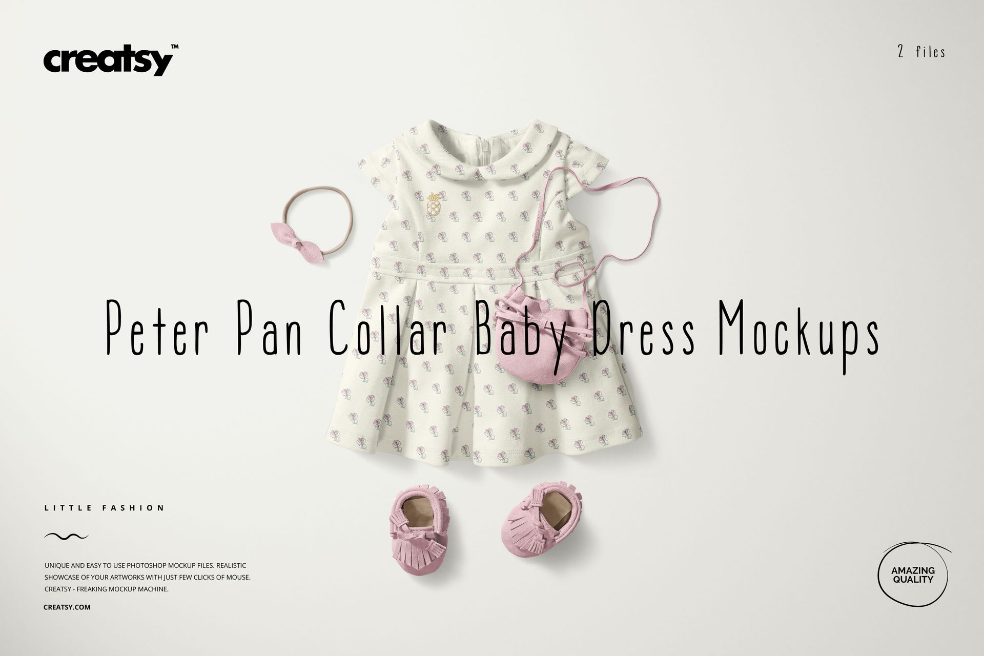 Peter Pan collar baby dress mockup set with soft pink shoes, headband, and purse arranged on a neutral surface.