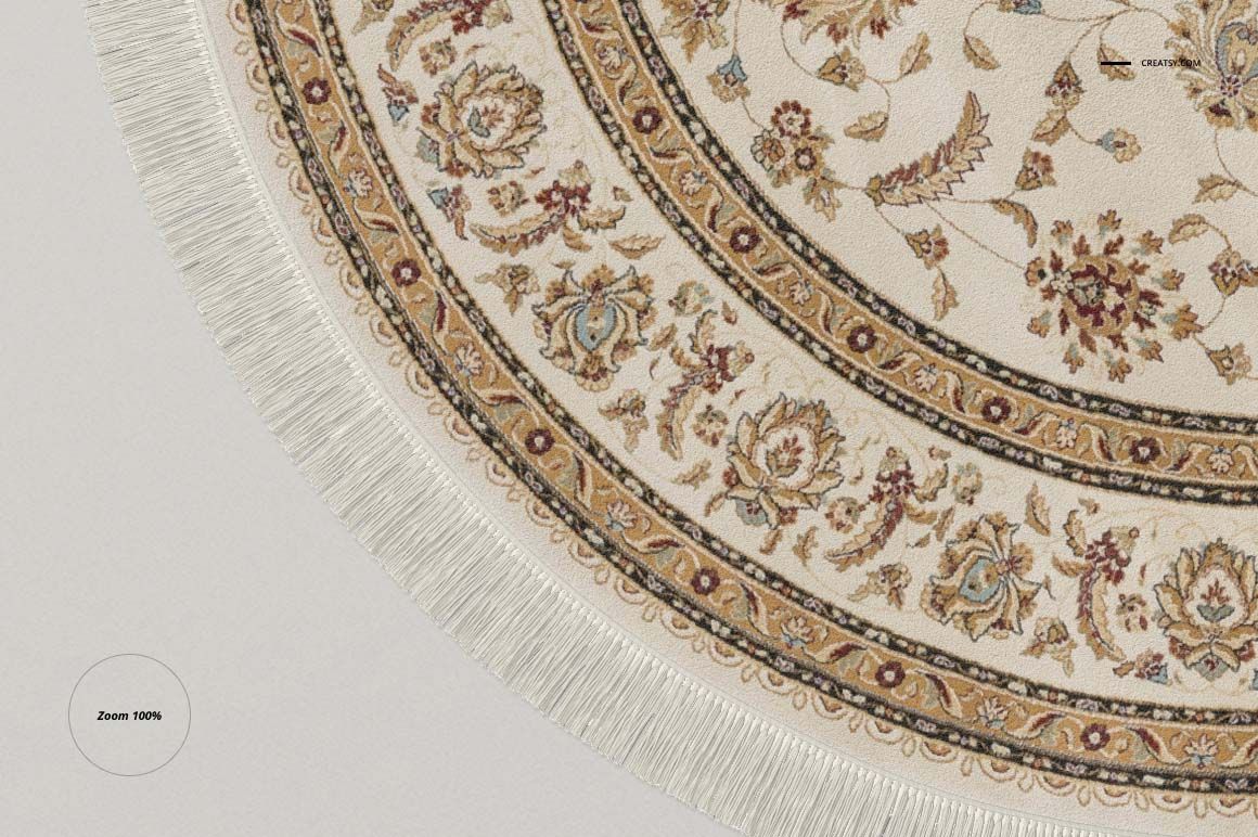 Detailed close-up of a round Persian carpet mockup featuring ornate floral motifs and white fringe on a neutral background.