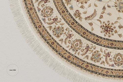 Detailed close-up of a round Persian carpet mockup featuring ornate floral motifs and white fringe on a neutral background.