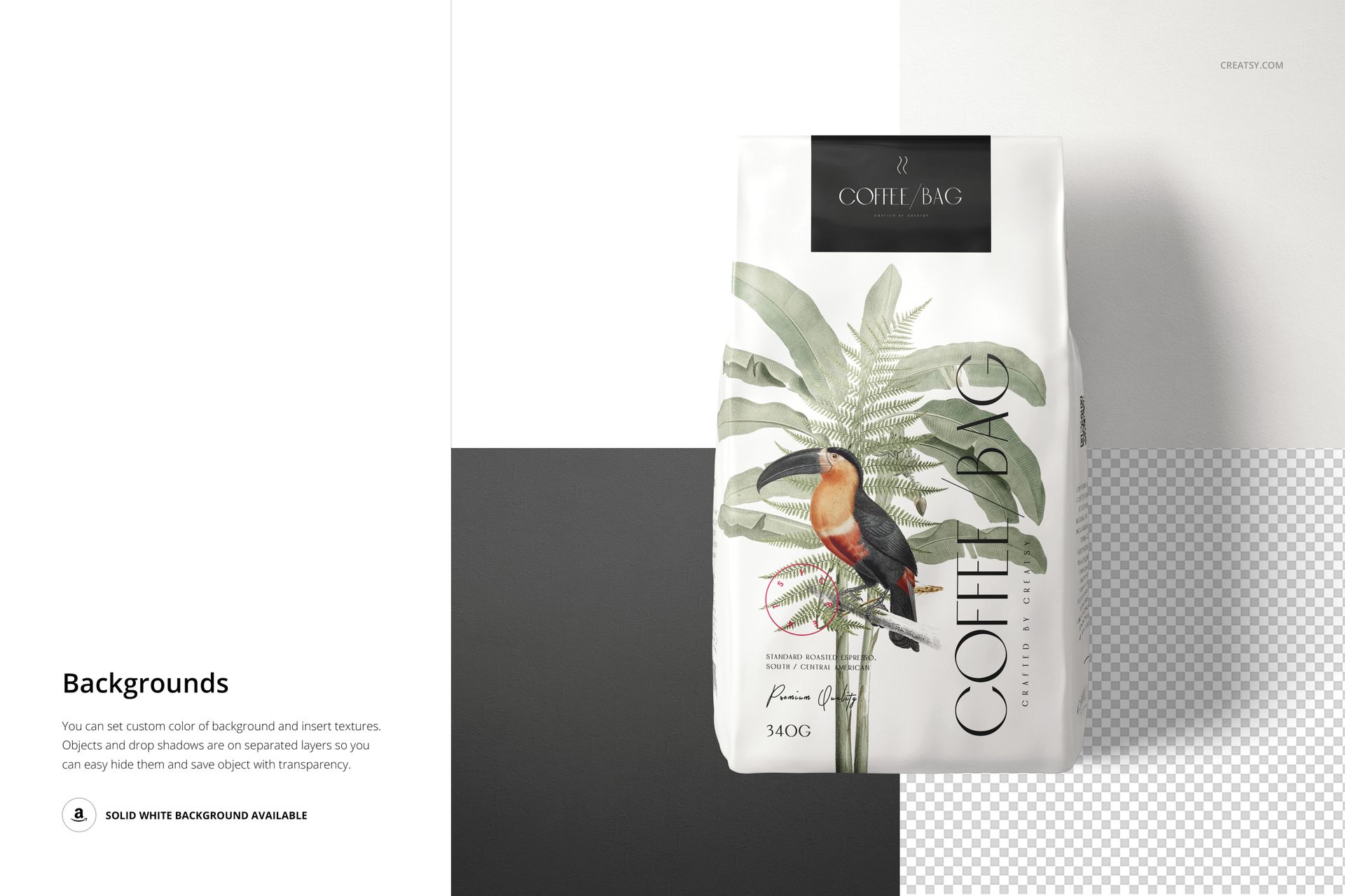 Front view of a paper coffee bag mockup with botanical and bird illustration, set against a split white and gray background.