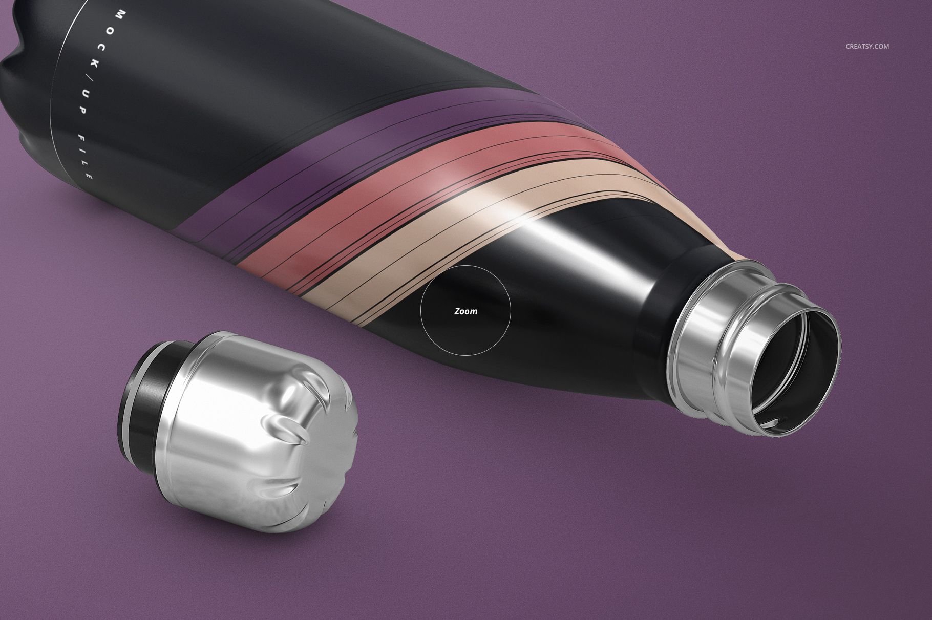 PSD mockup of a sleek stainless steel water bottle with custom color bands and detached silver lid, angled on a purple surface.