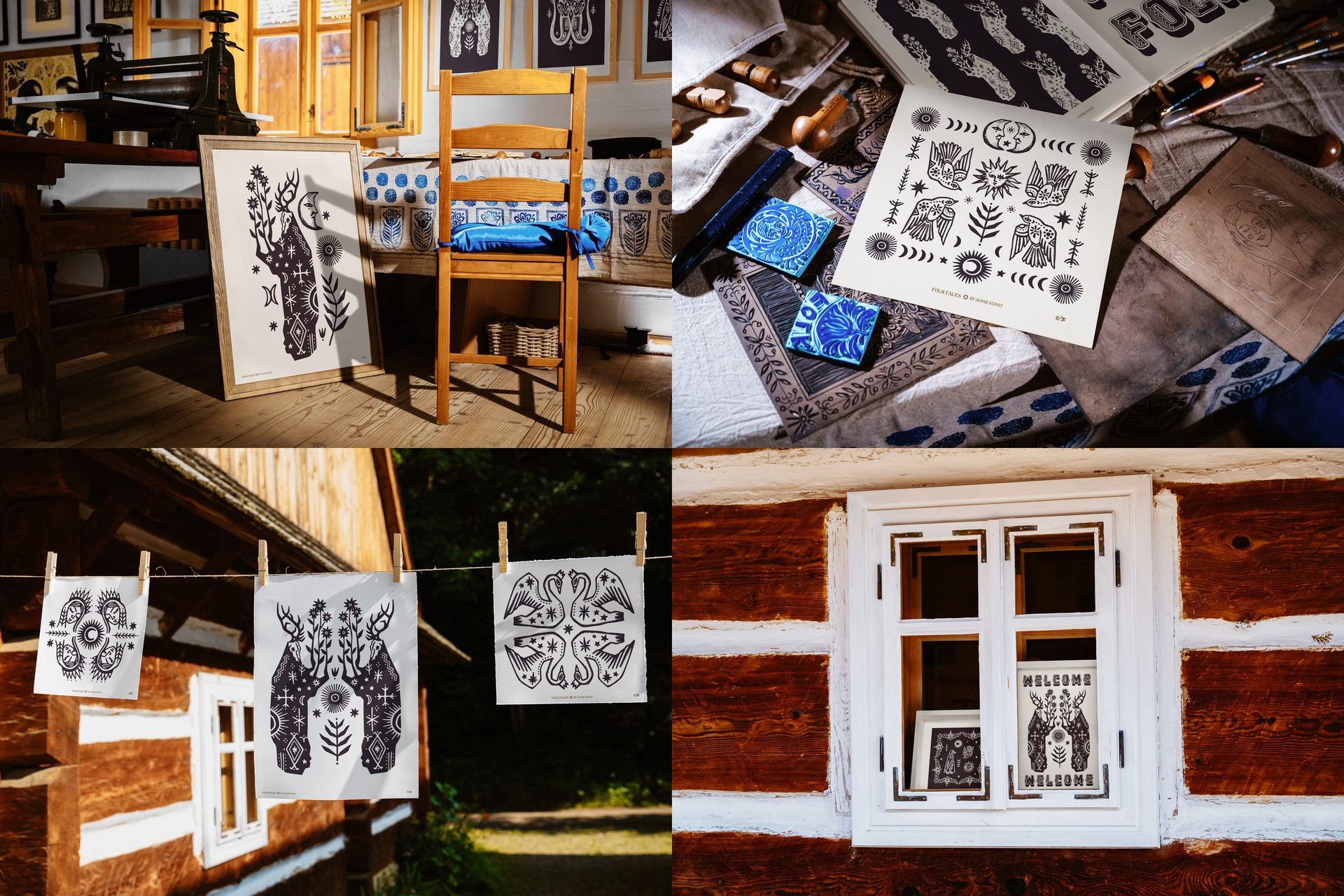 PSD mockup set featuring Slavic-inspired prints and frames arranged on benches, tables, and windows of a wooden house.