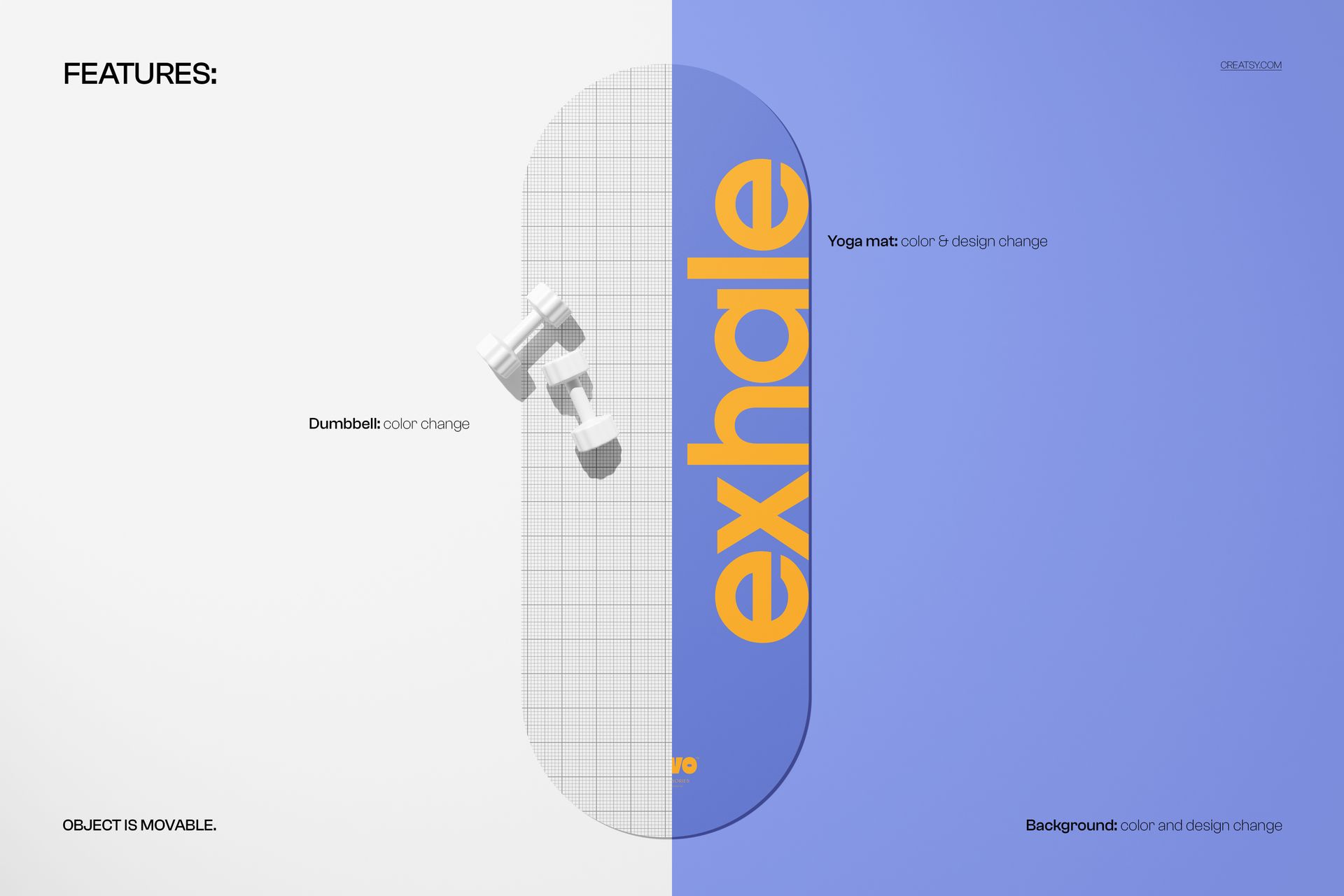 Flat vertical oval yoga mat mockup with grid pattern, purple background, and white dumbbells on top view.