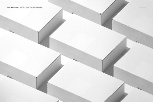 White packaging boxes with stickers shown from above, organized in a neat, staggered mockup presentation.