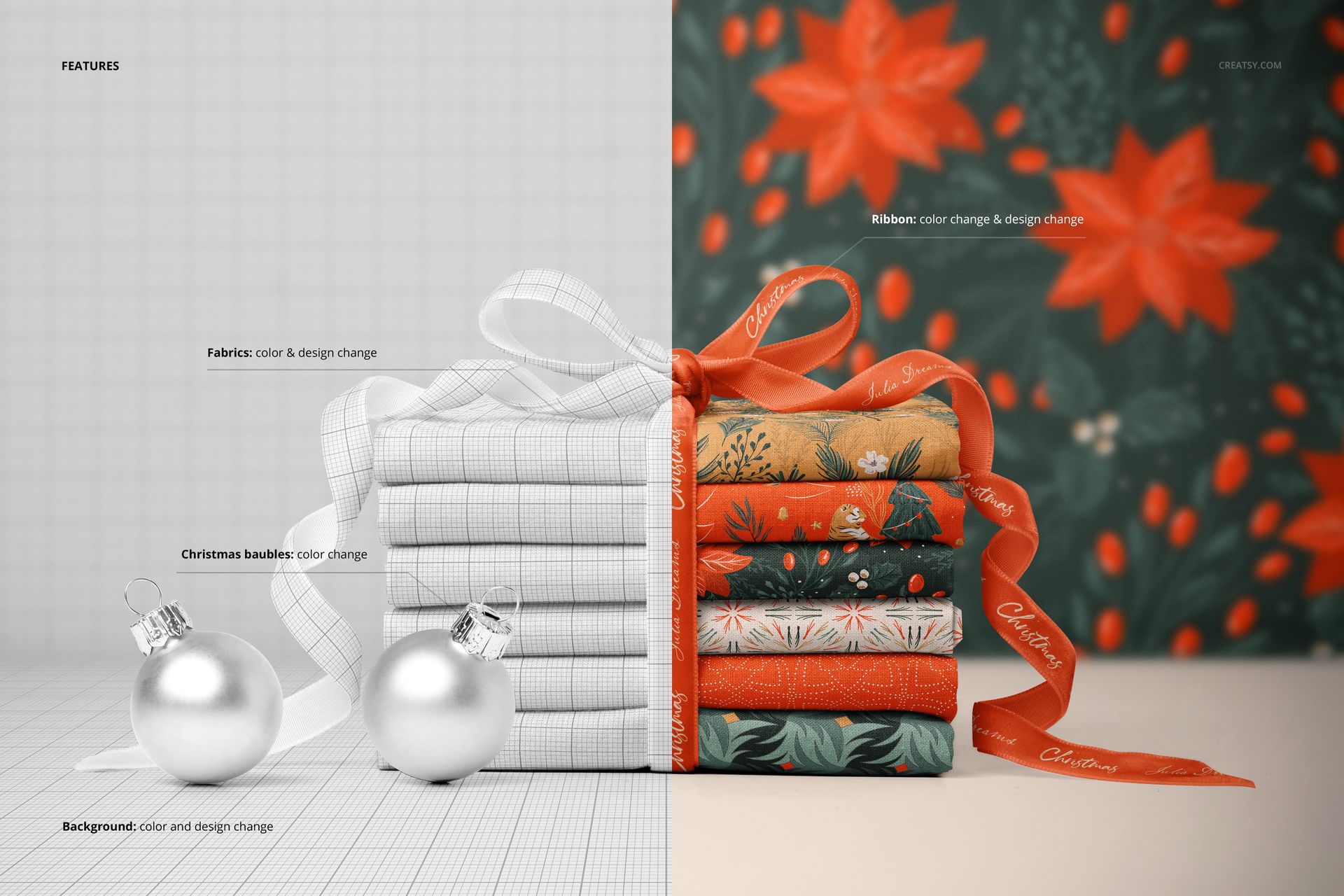 Six stacked fabrics with holiday patterns and two silver baubles, tied together with a ribbon, displayed in a mockup scene.