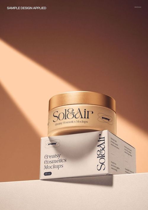 Photorealistic mockup of a round cream jar atop a rectangular box, set in a studio with bold lighting effects.